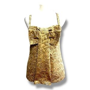 FRENCH CONNECTION🥂Gold Metallic Floral Brocade Cami Top with Bow on Front SZ 2